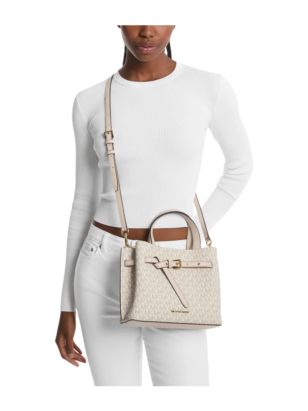 on-model-Michael-Kors-Emilia-Small-Logo-Satchel-Cream-Multi