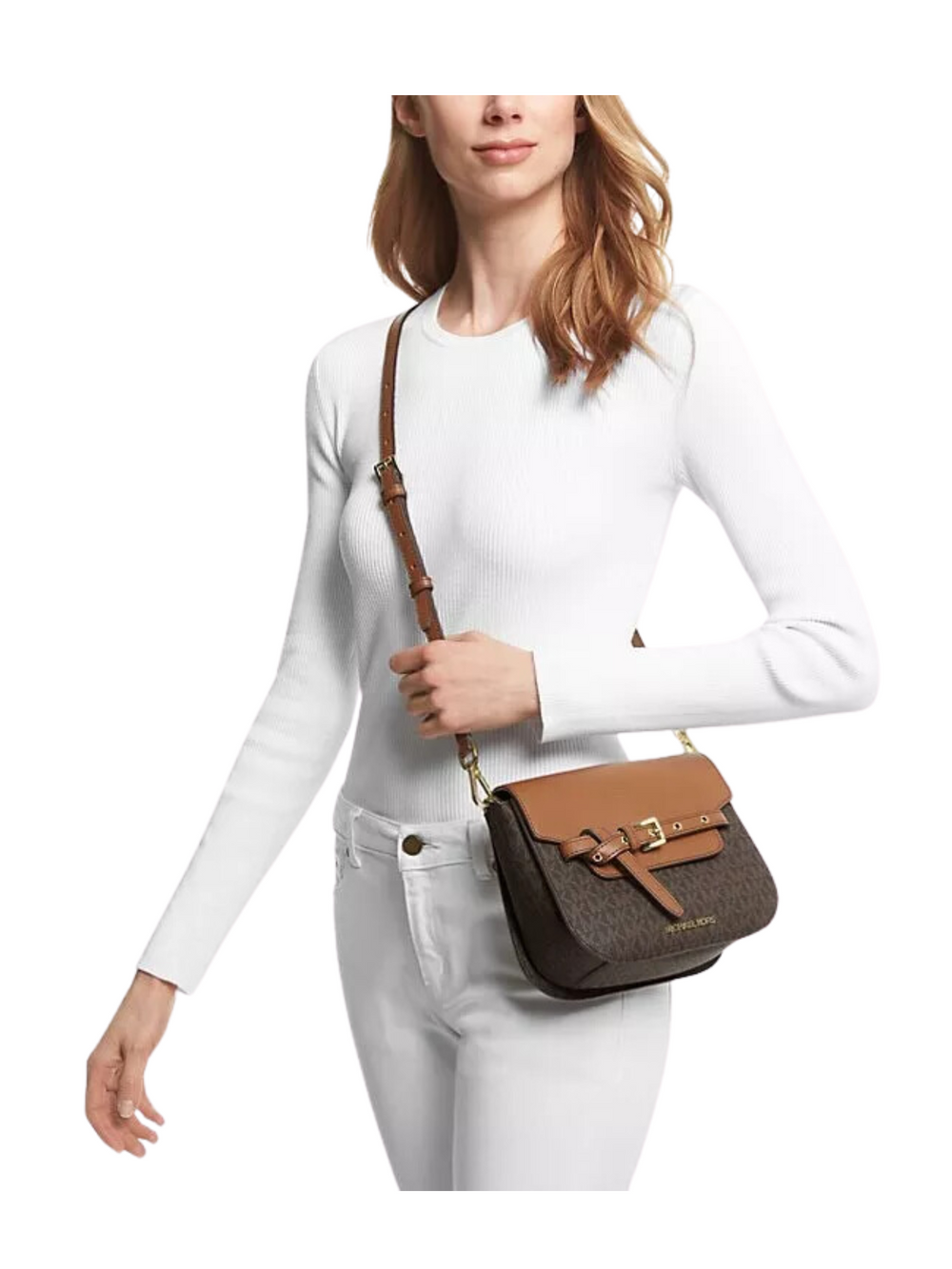 on-model-Michael-Kors-Emilia-Small-Saddle-Crossbody-Bag-Brown