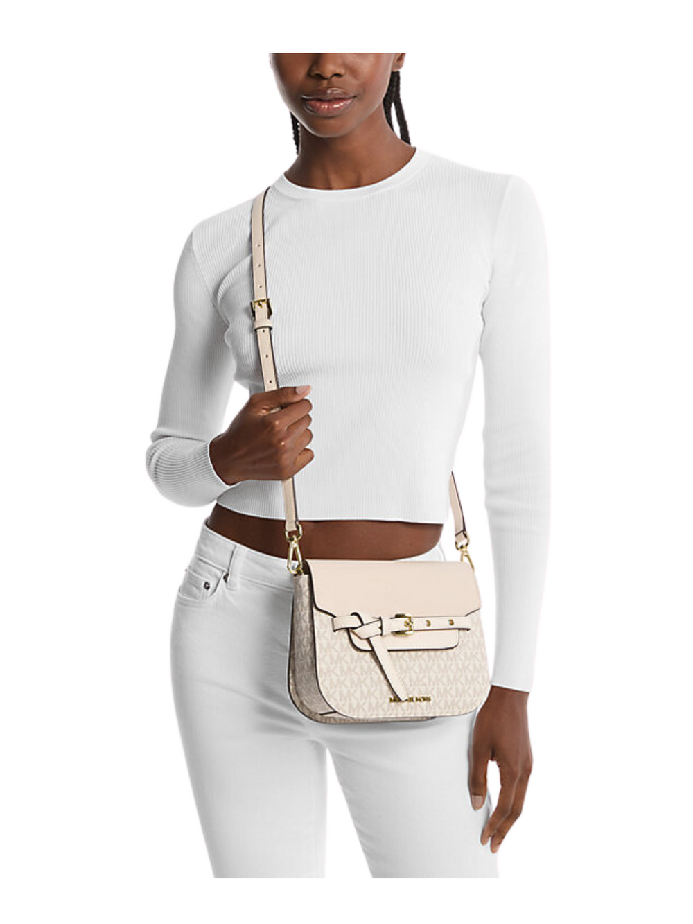 on-model-Michael-Kors-Emilia-Small-Saddle-Crossbody-Bag-Cream