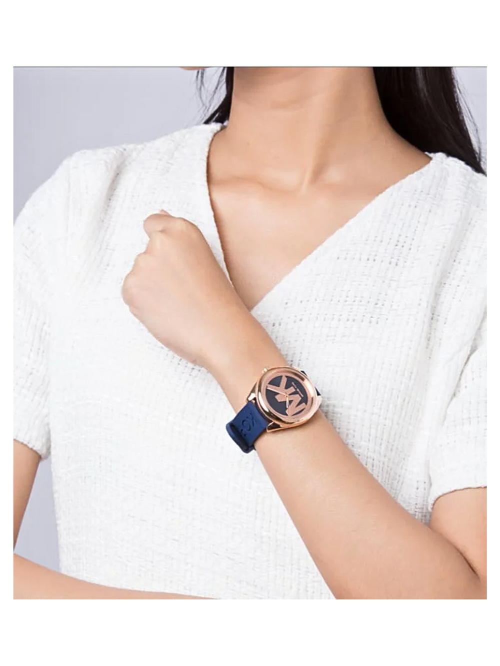 on-model-Michael-Kors-Janelle-Three-Hand-Blue-Dial-Blue-Rubber-Strap-Watch