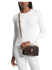 on-model-Michael-Kors-Jet-Set-Item-Medium-Double-Zip-Phone-Crossbody-Brown