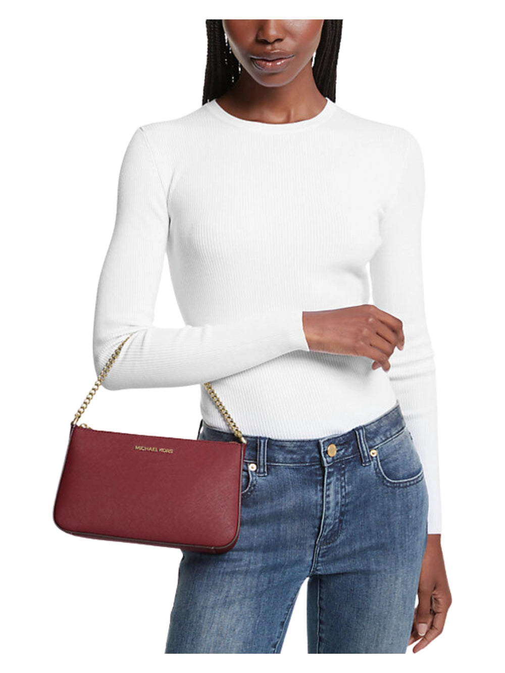 on-model-Michael-Kors-Jet-Set-Medium-Saffiano-Leather-Crossbody-Bag-Dark-Cherry