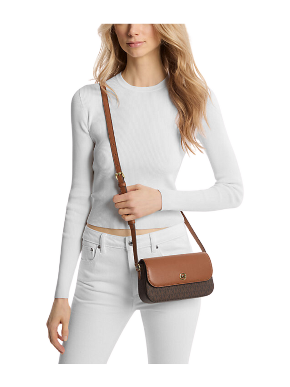 on-model-Michael-Kors-Jet-Set-Travel-Small-Flap-Logo-Crossbody-Bag-Brown