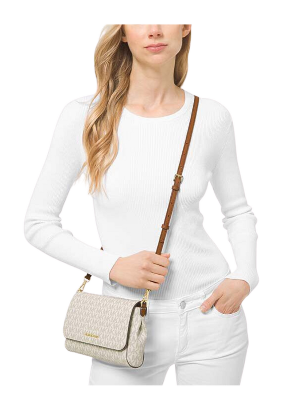 on-model-Michael-Kors-Medium-Logo-Convertible-Crossbody-Bag-Vanilla