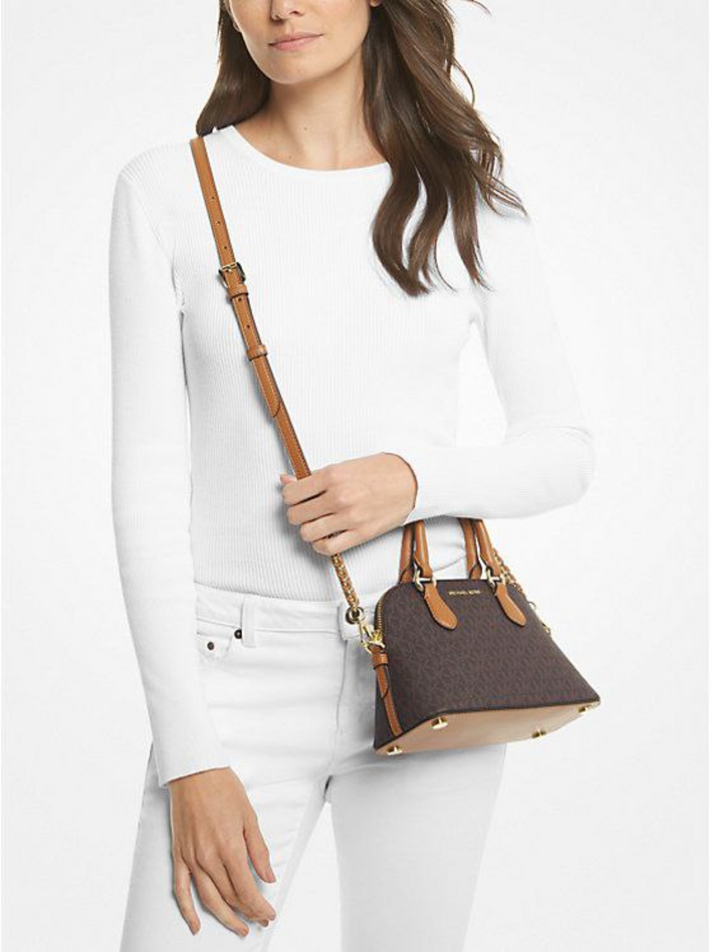 on-model-Michael-Kors-Veronica-Extra-Small-Logo-Crossbody-Bag-Brown-Acorn