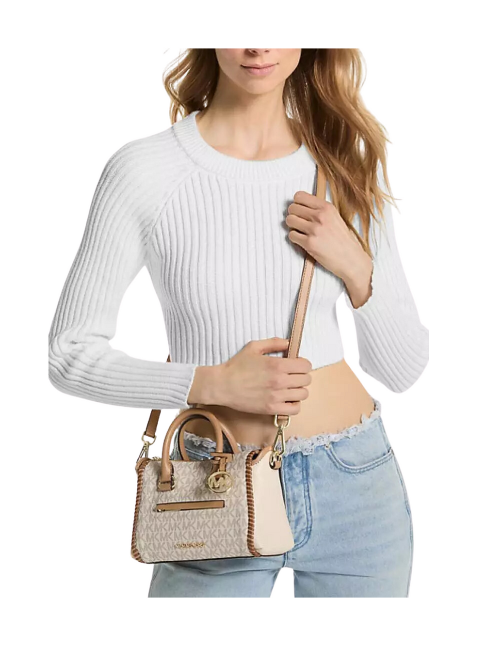 on-model-MichaelKors-Carine-Extra-Small-Logo-Satchel-Crossbody-Cream-Multi