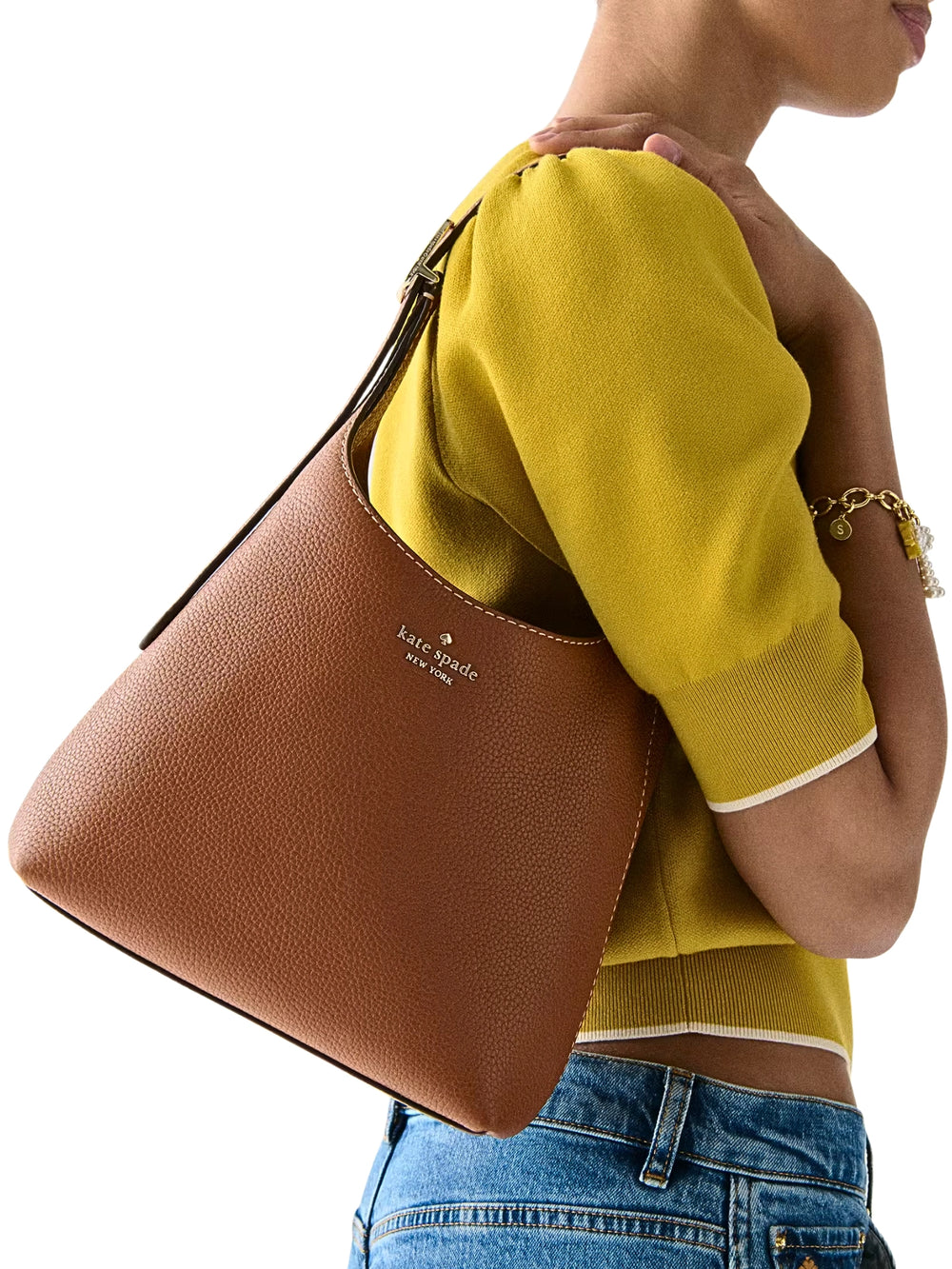 on-model-Spade-454-Pebbled-Leather-Small-Shoulder-Bag-Warm-Gingerbread