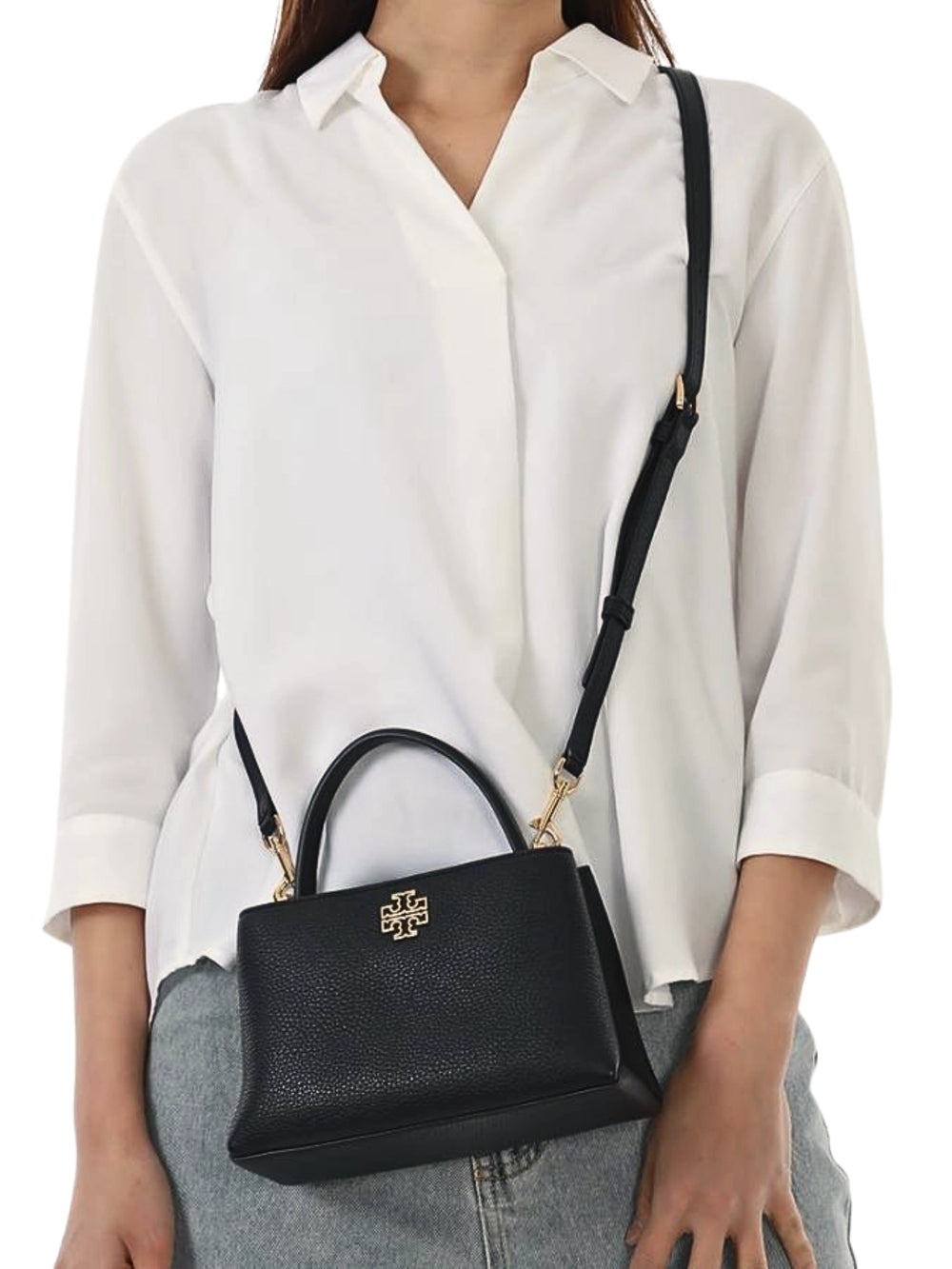 on-model-Tory-Burch-Britten-Mini-Satchel-Bag-Black