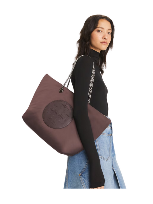 on-model-Tory-Burch-Ella-Puffy-Chain-Tote-Bag-Tempranillo