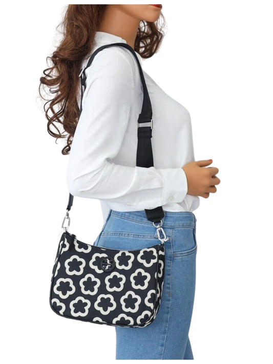 Tory Burch Nylon Printed Web Convertible Crossbody Bag Black-Ivory The Flower