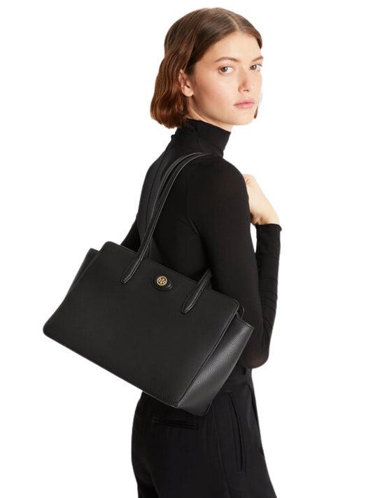on-model-Tory-Burch-Small-Robinson-Pebbled-Tote-Black