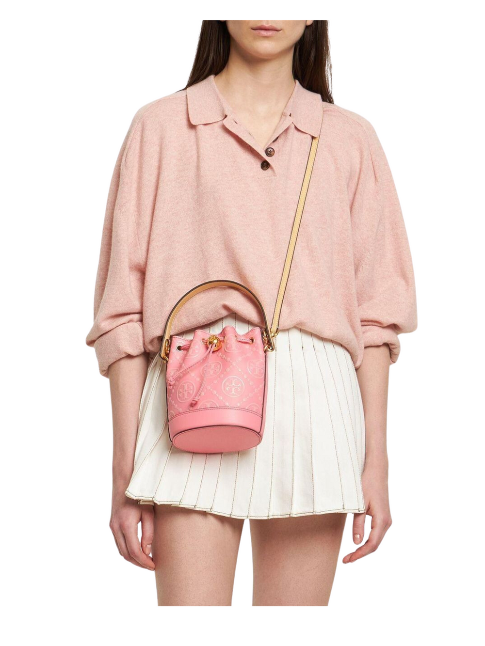 on-model-Tory-Burch-T-Monogram-Contrast-Embossed-Mini-Bucket-Rose-Pink-Multi