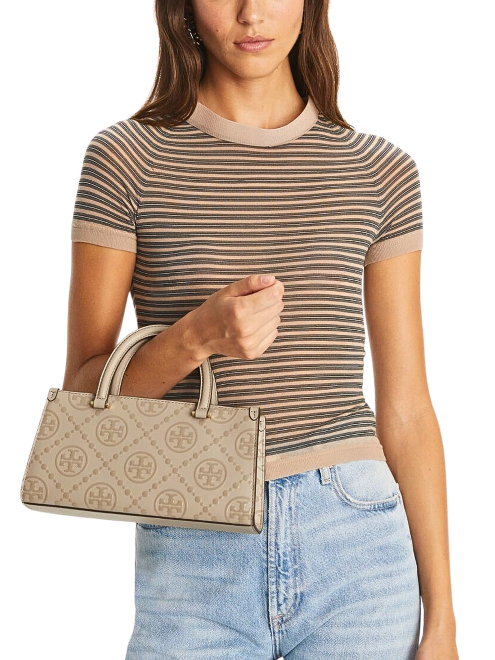 on-model-Tory-Burch-T-Monogram-Embossed-Small-Rectangular-Tote-Bag-Fresh-Clay