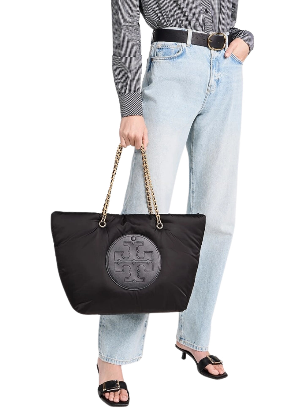 on-model-Tory-Ella-Burch-Puffy-Chain-Tote-Bag-Black