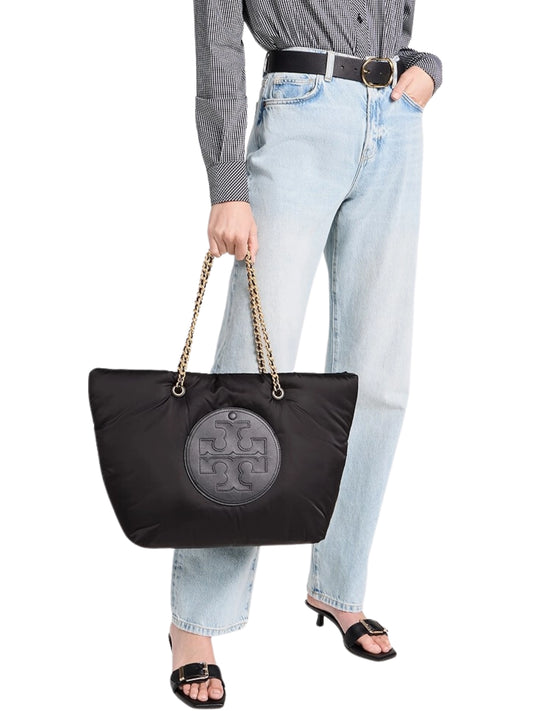 on-model-Tory-Ella-Burch-Puffy-Chain-Tote-Bag-Black