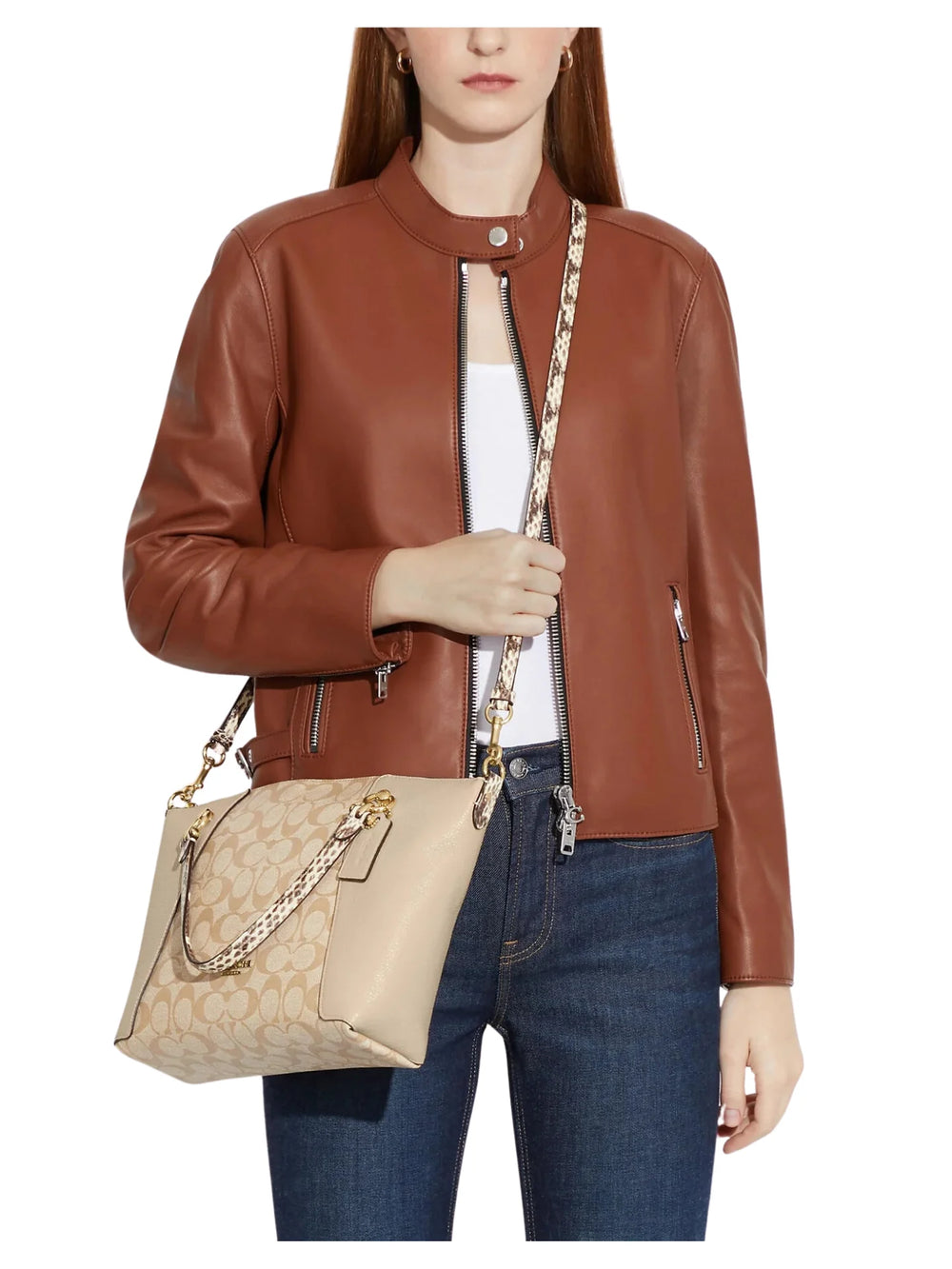 on-model1-Coach-Kacey-Satchel-in-Signature-Canvas-with-Snake-Embossed-Light-KhakiIvory-Multi