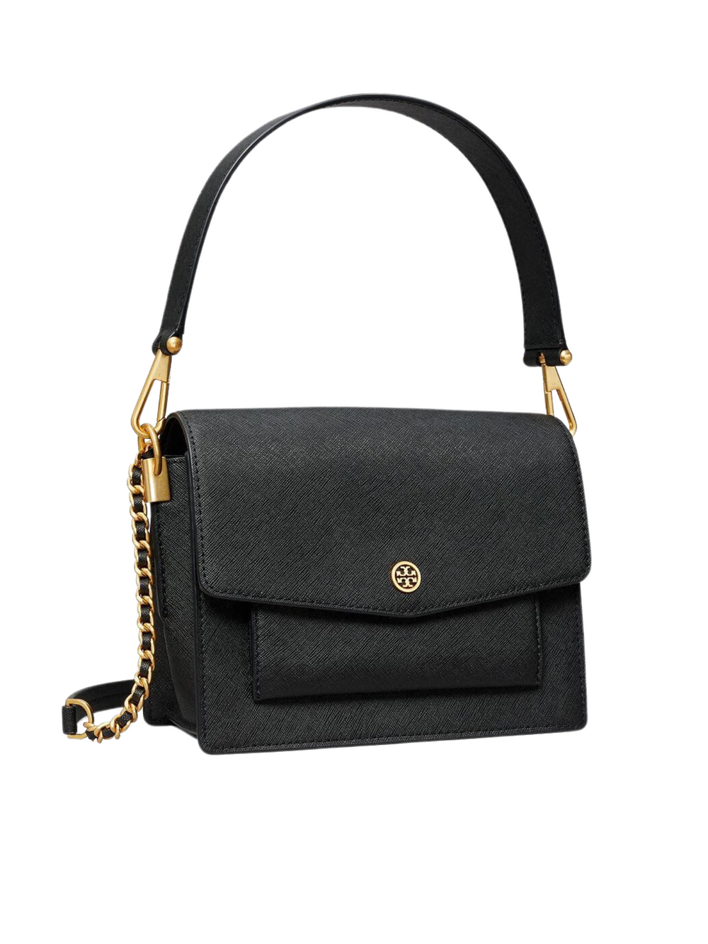 tampak-samping-Tory-Burch-Robinson-Black-Saffiano-Leather-With-Gold-Hardware-Black