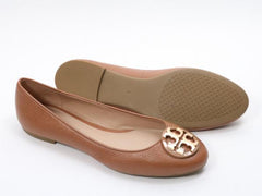 Tory Burch 43394 Claire Ballet Tumbled Leather Flats Royal Tan (Size 7,5)