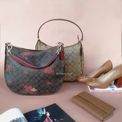 Coach F38050 Elle Hobo In Signature Floral Bundle Print Brown Metallic Currant