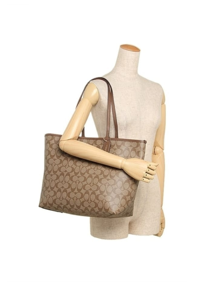 Coach 36658 Reversible Signature City Tote Khaki Saddle