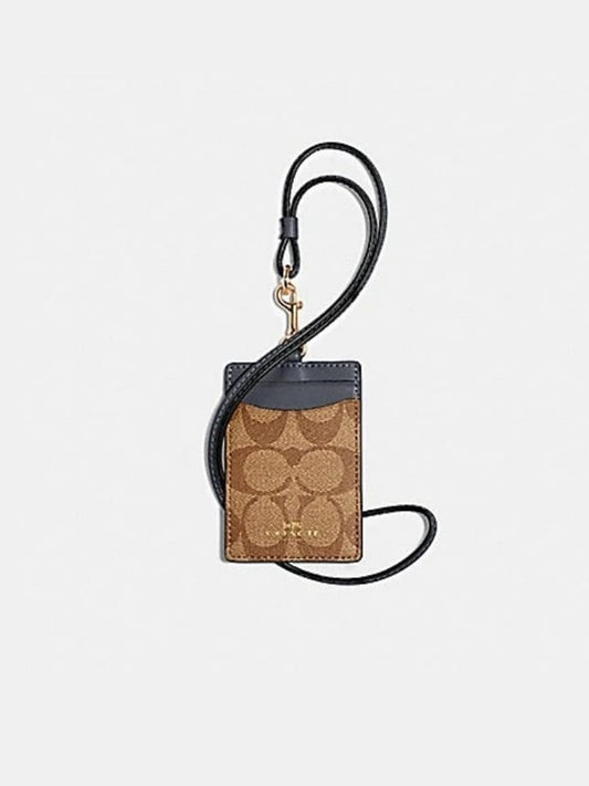 Coach 63274 Lanyard Id Case In Signature Canvas Khaki Midnight