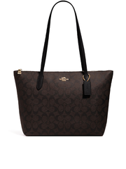 Coach Zip Top Tote In Signature Canvas Brown Black