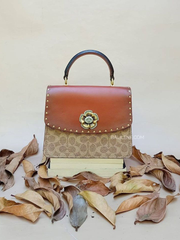 Coach 53349 Parker Top Handle In Signature Canvas With Rivets Tan Black