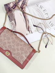 Coach 68312 Riley Chain Clutch In Colorblock Signature Canvas Tan Rust