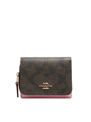 Coach 7331 Small Trifold Wallet In Signature Canvas Brown/True Pink