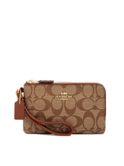 Coach 87591 Double Corner Zip Wristlet In Signature Canvas Khaki Redwood