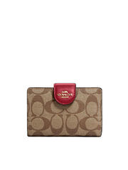 Coach Medium Corner Zip Wallet In Signature Canvas Khaki Cherry