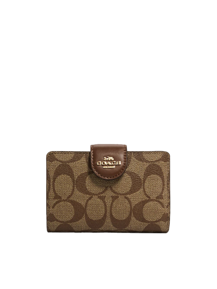 Coach Medium Corner Zip Wallet In Signature Canvas Khaki Saddle