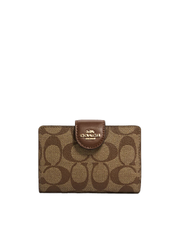 Coach Medium Corner Zip Wallet In Signature Canvas Khaki Saddle