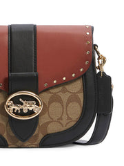 Coach C3593 Georgie Saddle Bag In Colorblock Signature Canvas With Rivets Terracotta Khaki Multi