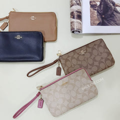 Coach F16109 Large Double Zip Wallet Signature Light Khaki Rouge