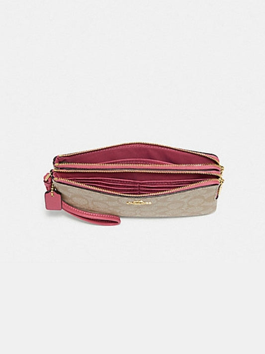 Coach F16109 Large Double Zip Wallet Signature Light Khaki Rouge