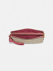 Coach F16109 Large Double Zip Wallet Signature Light Khaki Rouge