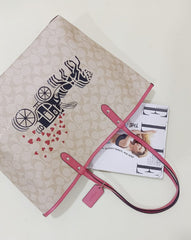 Coach 91011 Reversible Tote Horse Hearts Light Khaki Multi Poppy