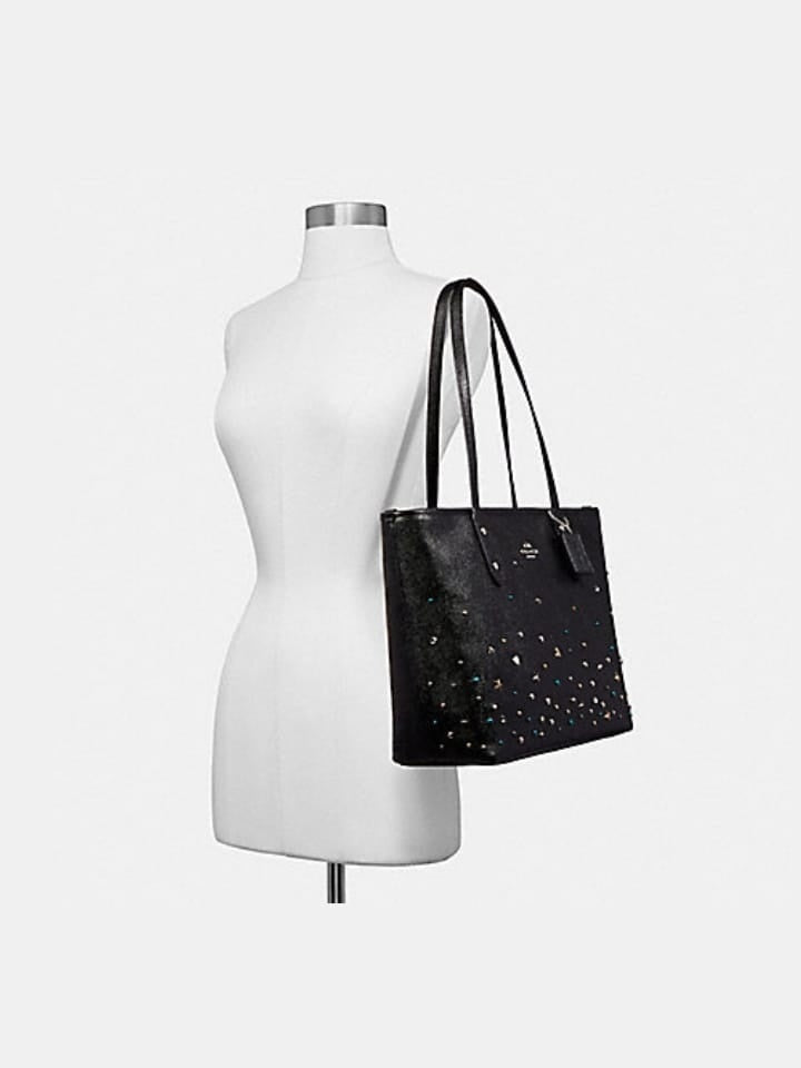 Coach F22299 City Zip Tote With Stardust Studs Silver Black