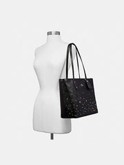 Coach F22299 City Zip Tote With Stardust Studs Silver / Black