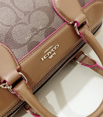 Coach F38133 Mini Bennet Satchel Signature Canvas Khaki Neon Pink