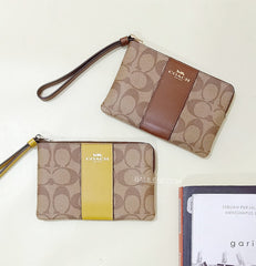 Coach F58035 Corner Zip Wristlet In Signature Canvas Khaki Flax