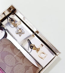 Coach F80151 Corner Zip Box Wristlet Signature Metalik Khaki Wine