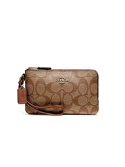 Coach F87591 Double Zip Corner Wristlet Small Khaki Saddle
