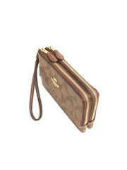 Coach F87591 Double Zip Corner Wristlet Small Khaki Saddle