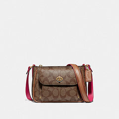 Coach F38121 Sadie Crossbody In Signature Canvas Khaki Neon Pink