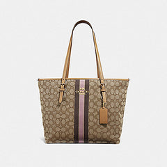 Coach F39043 Zip Top Tote In Signature Jacquard With Stripe In Khaki Multi