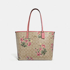 Coach F72844 Reversible City Tote In Signature Canvas With Lily Print Light Khaki Rose Petal
