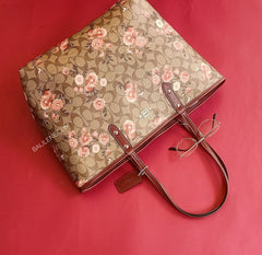 Coach F78279 Reversible City Tote In Signature Canvas With Print Coral Khaki Multi Wine