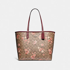 Coach F78279 Reversible City Tote In Signature Canvas With Print Coral Khaki Multi Wine